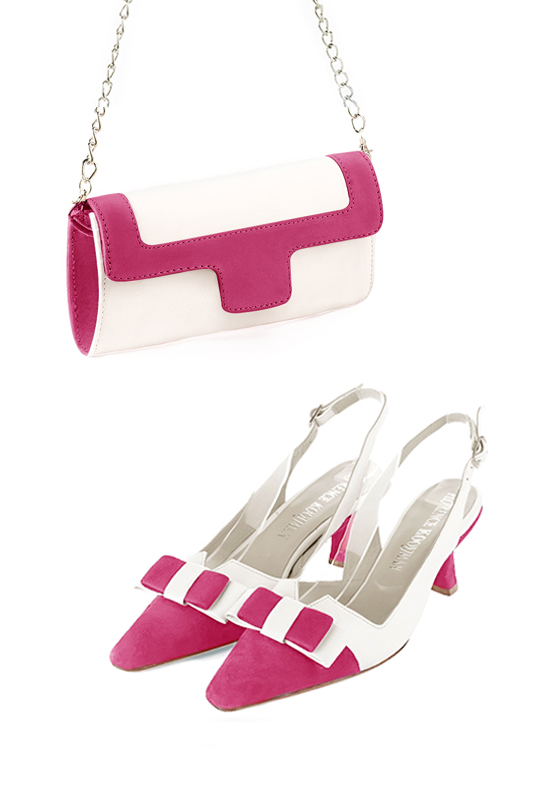 Dress clutch for wedding and parties in off white and fuchsia pink leather - Worn view